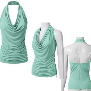 Pastel mint green draped cowl neck halter top stretchy Sz L